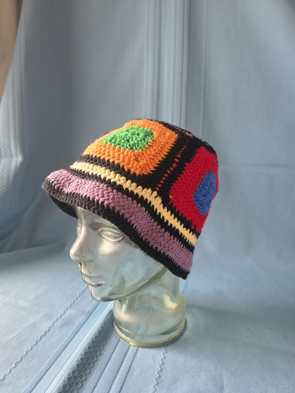 Handmade Boho Granny Square Crochet Bucket Hat Vintage Style Festival Multicolor